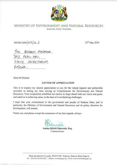 Appreciation Letter from Ministry of Environment