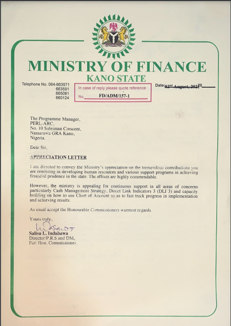 Appreciation Letter - Ministry of Finance