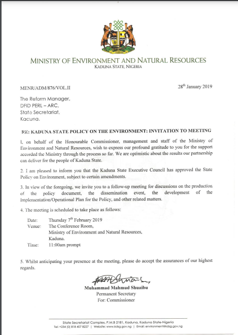 Appreciation Letter - Kaduna State Environment Policy